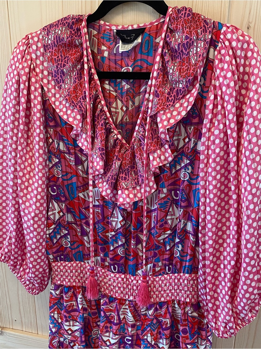 Vintage 80s Diane Freis Georgette Mixed Pattern Polka Dot Geometric Ruffle Midi